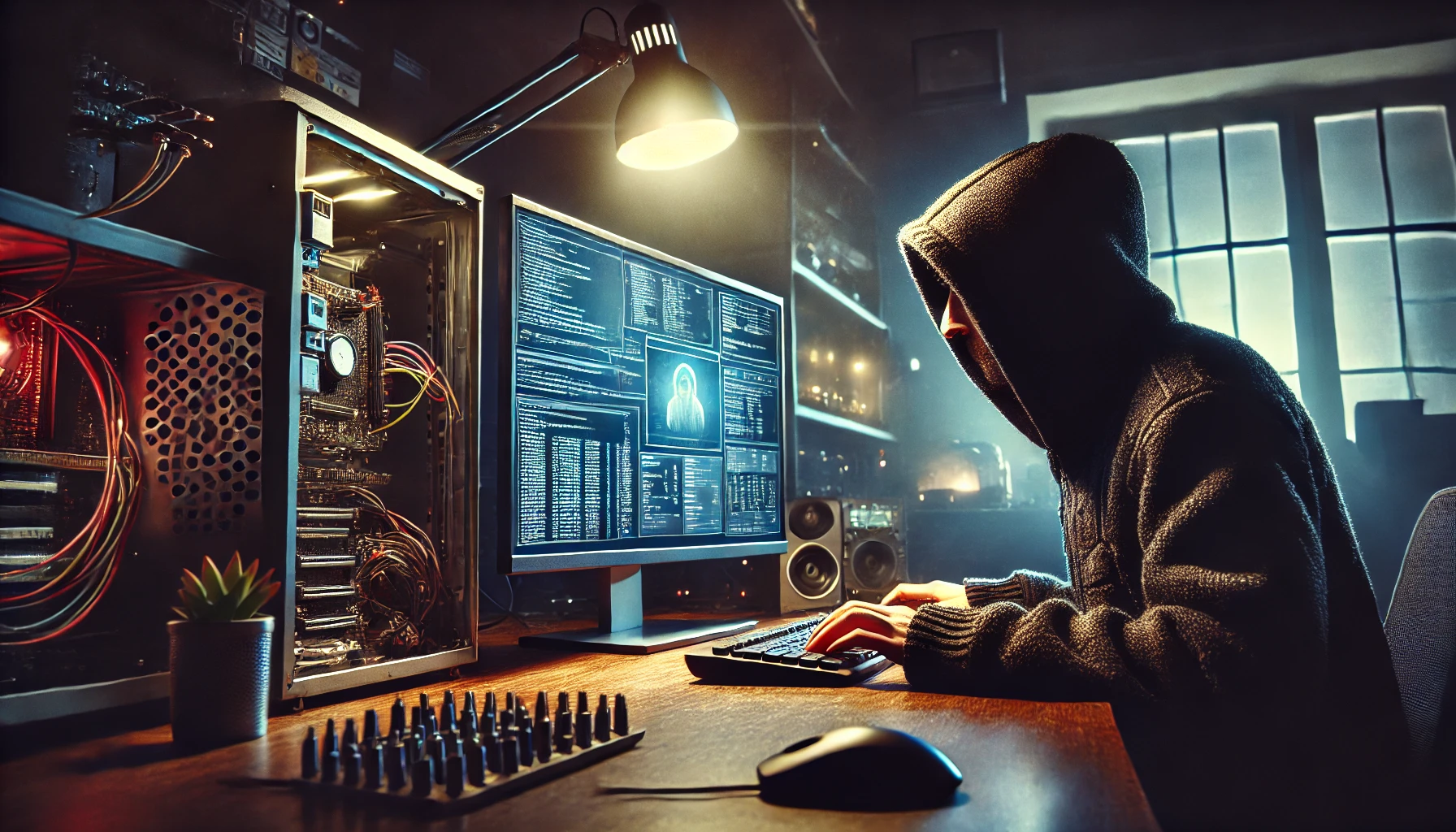 Hacker con cappuccio davanti a un monitor nel suo home lab, illuminato dalla luce della lampada da scrivania, con atmosfera notturna e tesa.