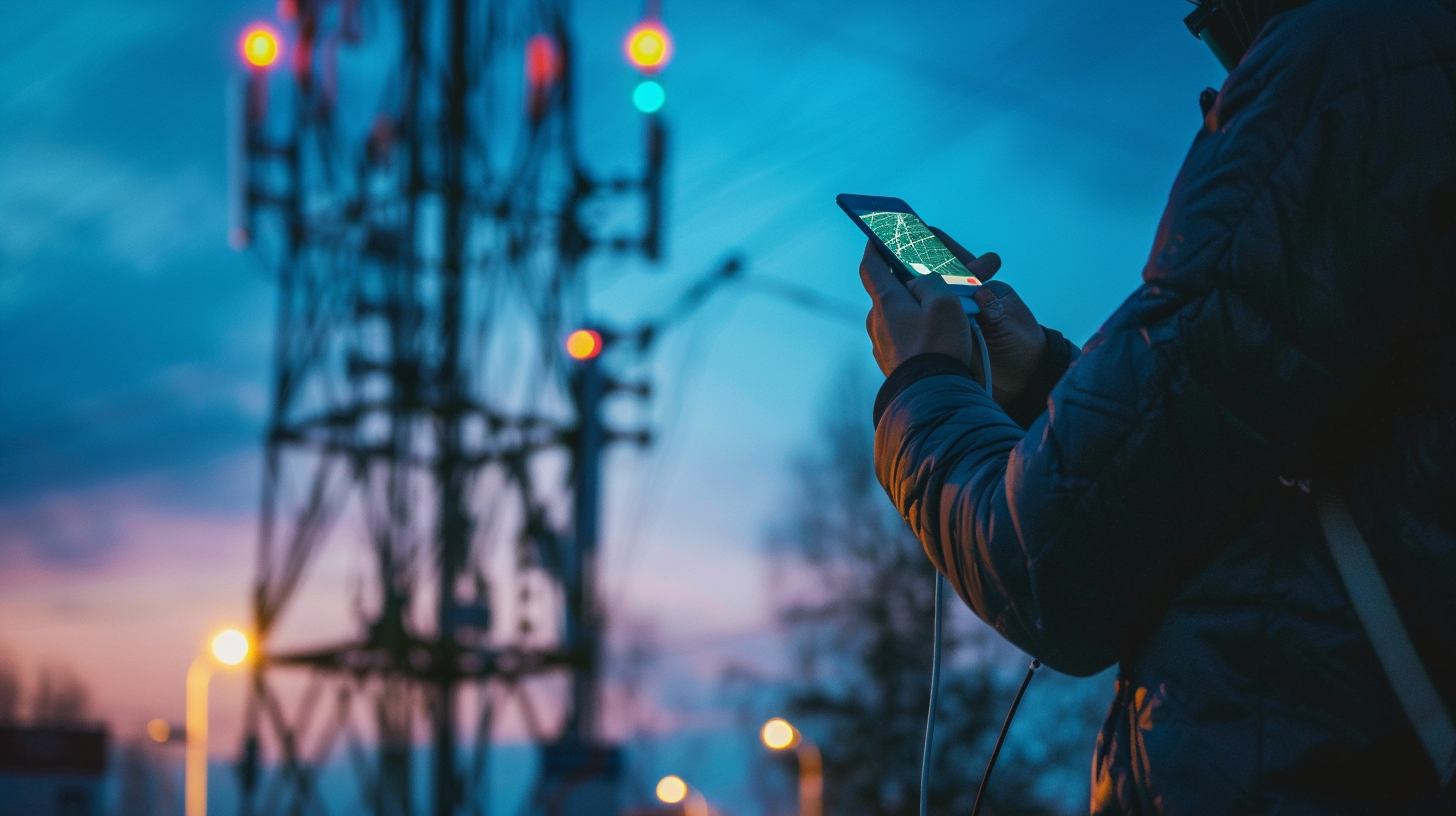 Una persona con il telefono in mano davanti alla cella telefonica
